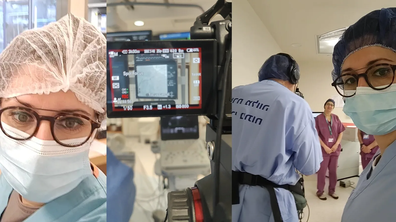 שלושה קדרים מיום צילום בבית חולים: מיי מיי סגל בכובע ומסכה, מסך בקרה מול מכשיר אולטרסאונד, וצוות בחלוקים בחדר הבדיקה